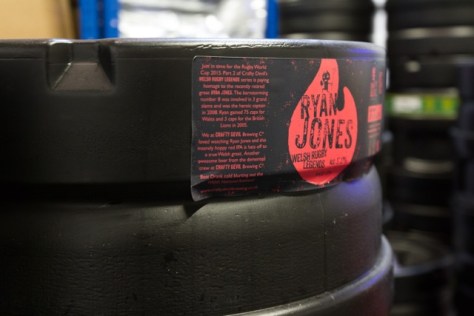 Cardiff, United Kingdom, November 26 2015. Stacked barrels of "Ryan Jones - Welsh Rugby Legends" beer at the Crafty Devil Brewery site, Canton, Cardiff, Wales.