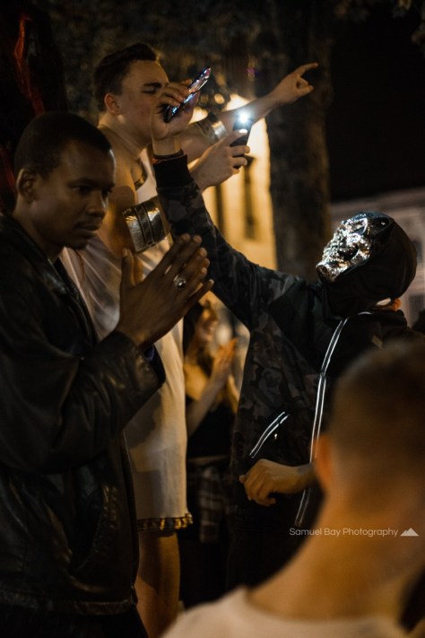 A person in fancy dress takes a moment to pose for a selfie- 1st November 2016 - Queen Street Cardiff, United Kingdom. ©Samuel Bay